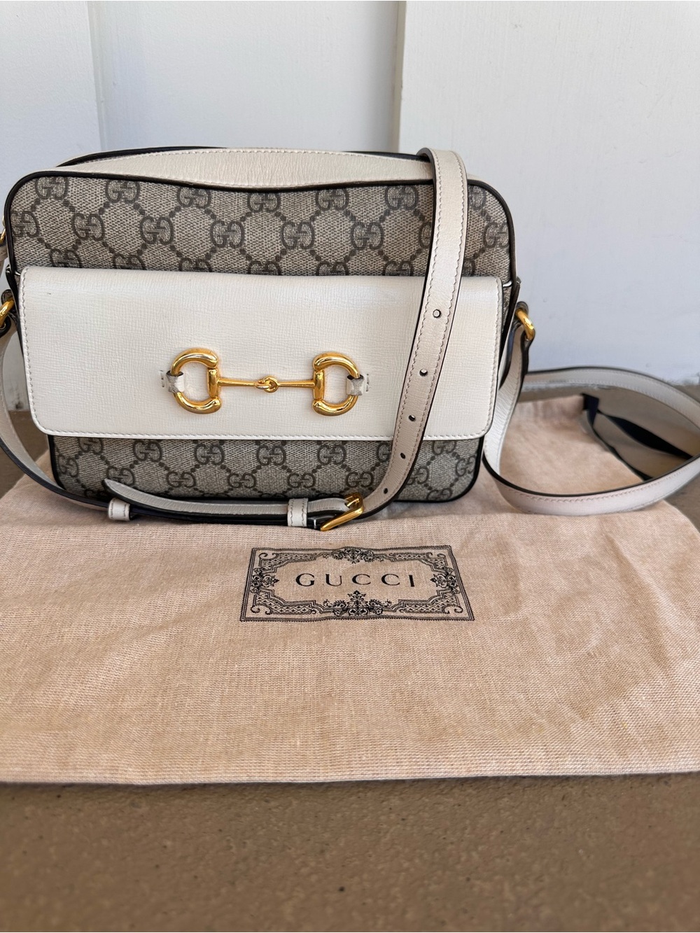 Gucci Beige GG Canvas and White Leather Horsebit Crossbody